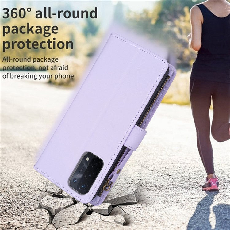 BF Style-19 for Oppo A74 / A93 / A54 5G Zipper Pocket PU Leather Phone Case Wallet Stand Cover - Purple