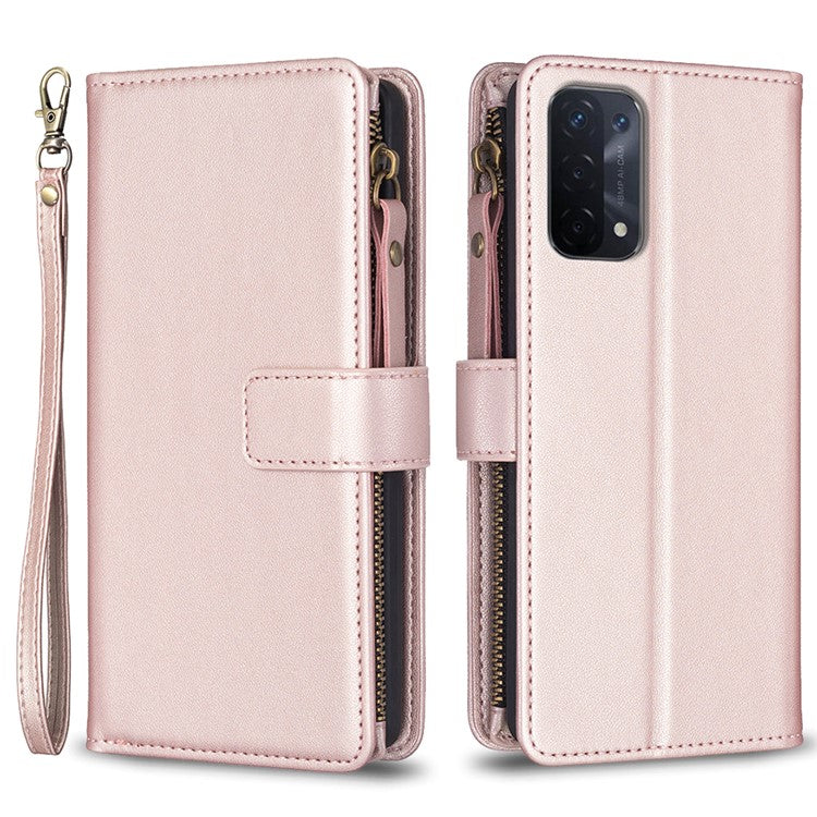 BF Style-19 for Oppo A74 / A93 / A54 5G Zipper Pocket PU Leather Phone Case Wallet Stand Cover - Rose Gold