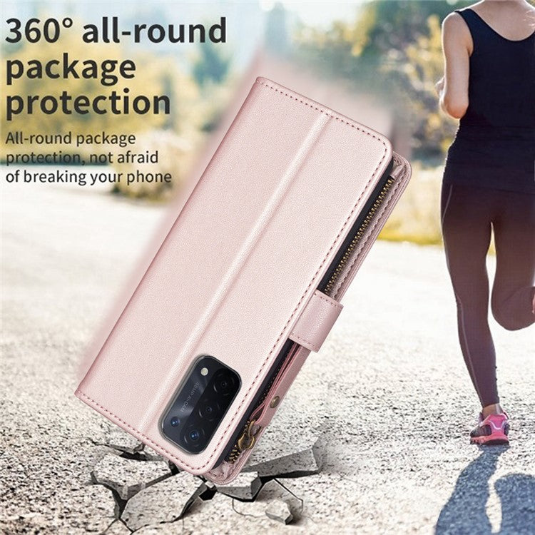 BF Style-19 for Oppo A74 / A93 / A54 5G Zipper Pocket PU Leather Phone Case Wallet Stand Cover - Rose Gold