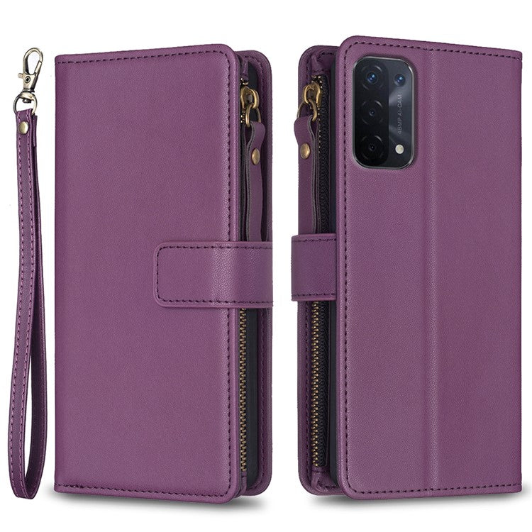 BF Style-19 for Oppo A74 / A93 / A54 5G Zipper Pocket PU Leather Phone Case Wallet Stand Cover - Dark Purple