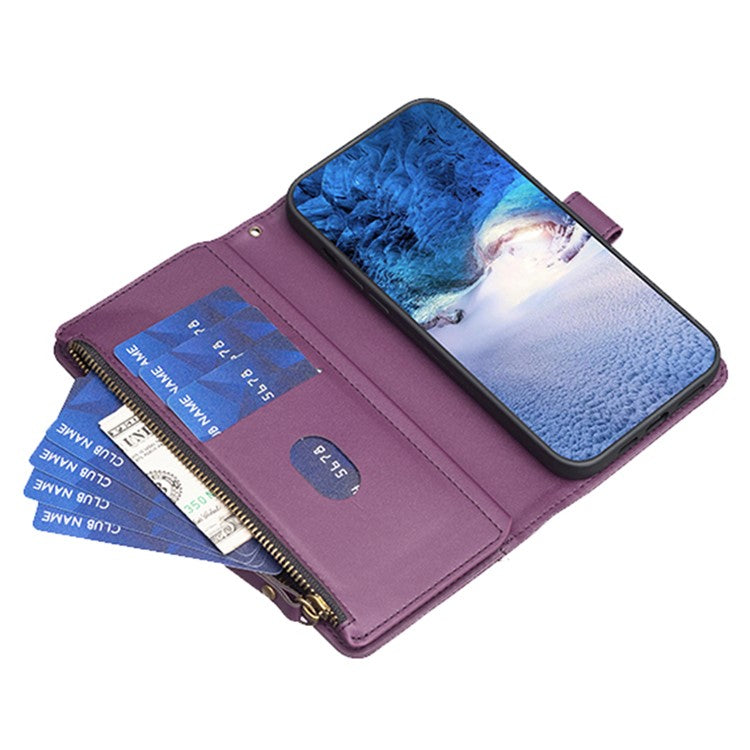 BF Style-19 for Oppo A74 / A93 / A54 5G Zipper Pocket PU Leather Phone Case Wallet Stand Cover - Dark Purple