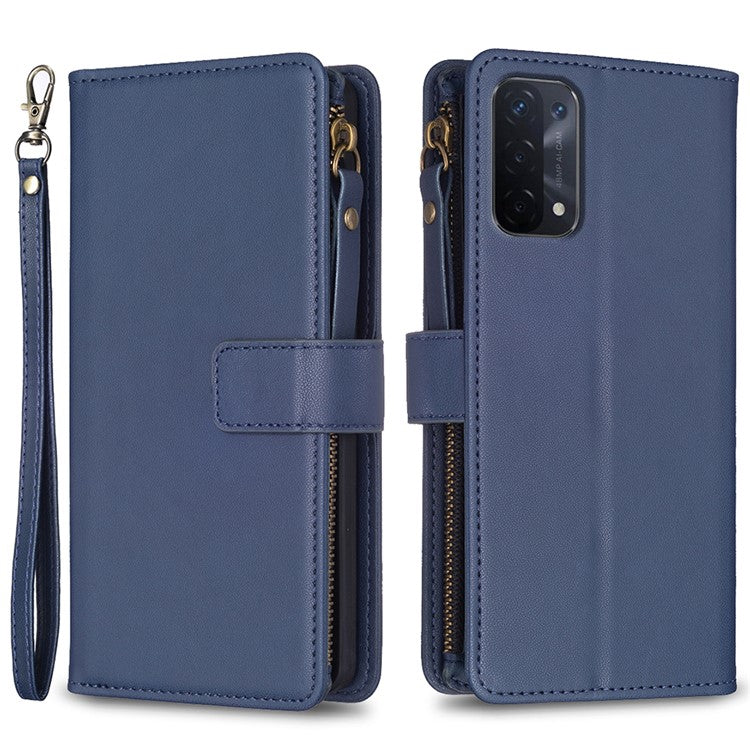BF Style-19 for Oppo A74 / A93 / A54 5G Zipper Pocket PU Leather Phone Case Wallet Stand Cover - Blue