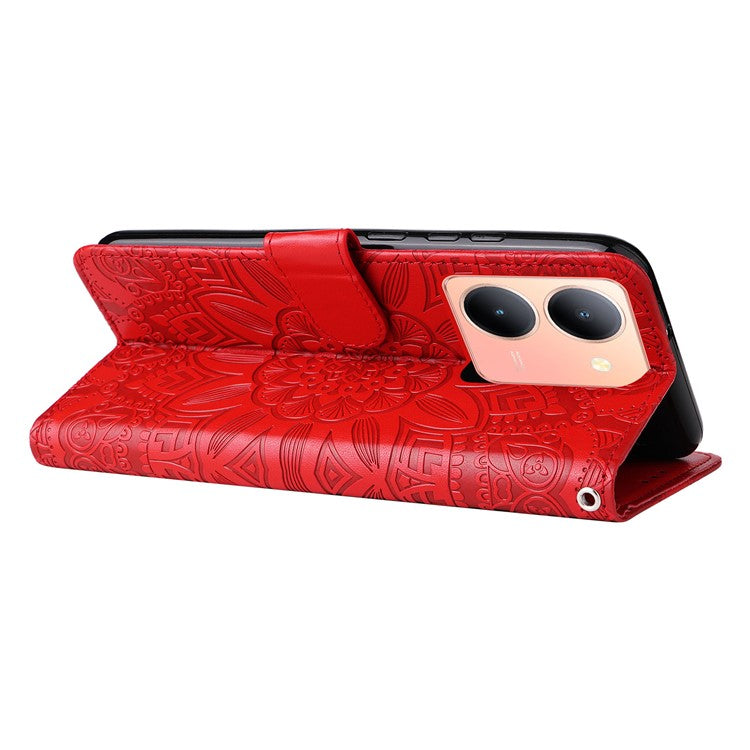 For vivo Y78+ 5G / Y78 5G Sunflower Imprinted Leather Wallet Case Phone Flip Stand Cover - Red