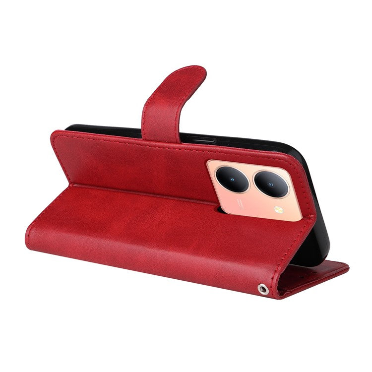 For vivo Y78+ 5G / Y78 5G Calf Texture Phone Cover Wallet Stand Cell Phone Case with Strap - Red