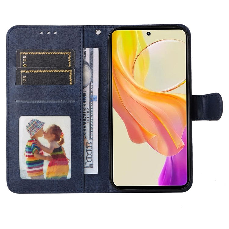 For vivo Y78+ 5G / Y78 5G Calf Texture Phone Cover Wallet Stand Cell Phone Case with Strap - Blue