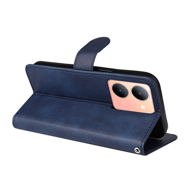 For vivo Y78+ 5G / Y78 5G Calf Texture Phone Cover Wallet Stand Cell Phone Case with Strap - Blue
