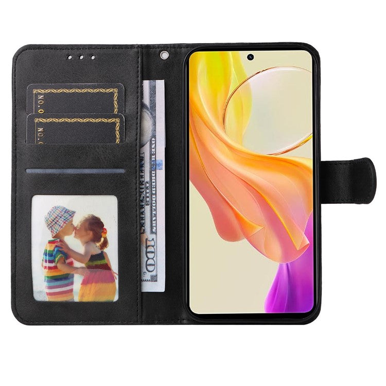 For vivo Y78+ 5G / Y78 5G Calf Texture Phone Cover Wallet Stand Cell Phone Case with Strap - Black