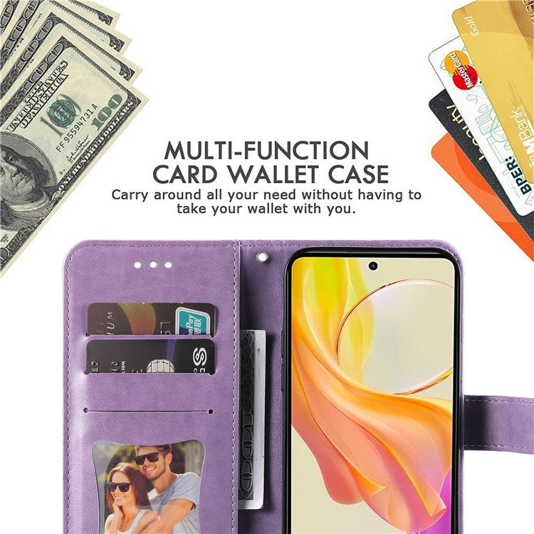 For vivo Y78+ 5G / Y78 5G Phone Case Flower Imprinting Phone Stand Wallet PU Leather Cover Shell - Purple