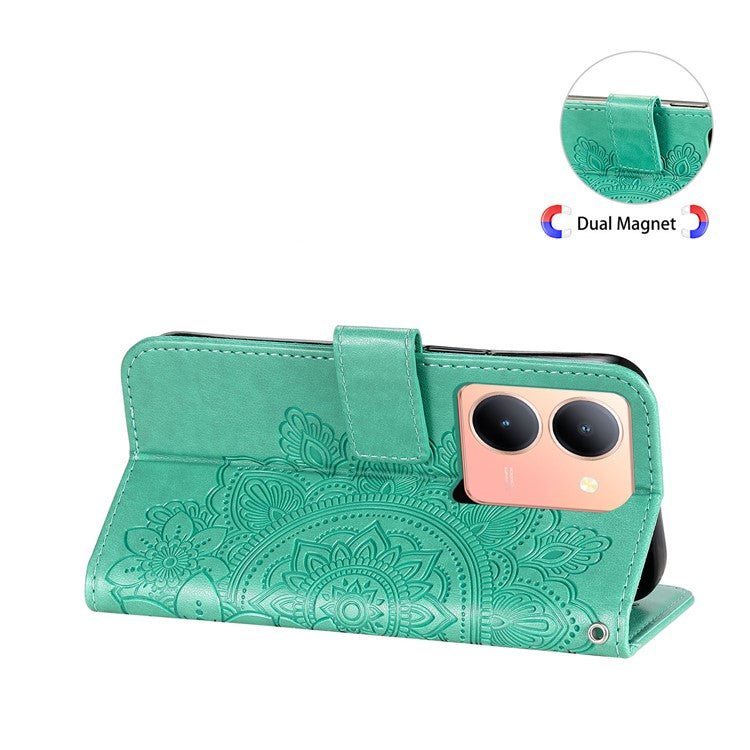 For vivo Y78+ 5G / Y78 5G Phone Case Flower Imprinting Phone Stand Wallet PU Leather Cover Shell - Green