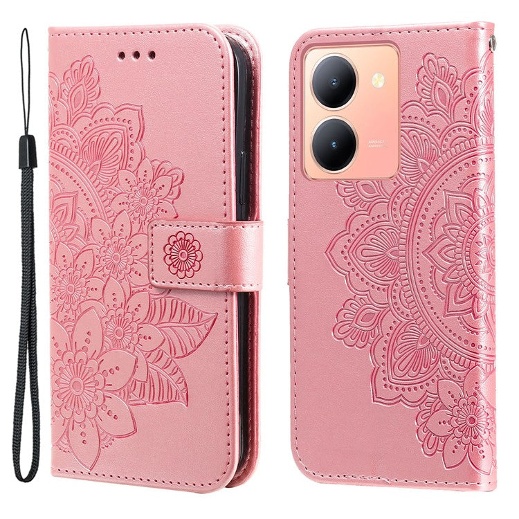 For vivo Y78+ 5G / Y78 5G Phone Case Flower Imprinting Phone Stand Wallet PU Leather Cover Shell - Pink