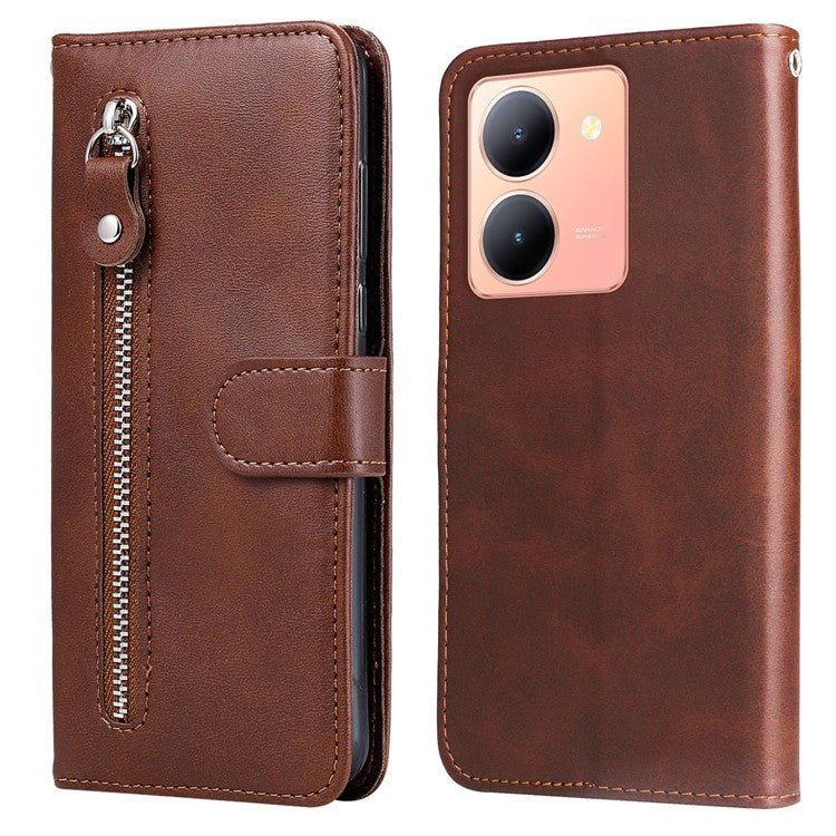For vivo Y78 (China) 5G / Y36 4G (Global) / Y36 5G (Global) Flip Stand Phone Case Calf Texture Zipper Pocket Leather Wallet Cover - Brown