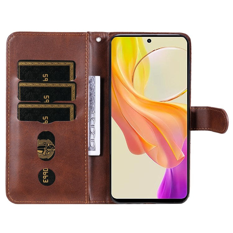 For vivo Y78 (China) 5G / Y36 4G (Global) / Y36 5G (Global) Flip Stand Phone Case Calf Texture Zipper Pocket Leather Wallet Cover - Brown
