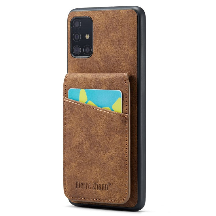 FIERRE SHANN For Samsung Galaxy A71 5G SM-A716 Kickstand Case PU Leather+TPU Phone Shell with Card Slots - Brown