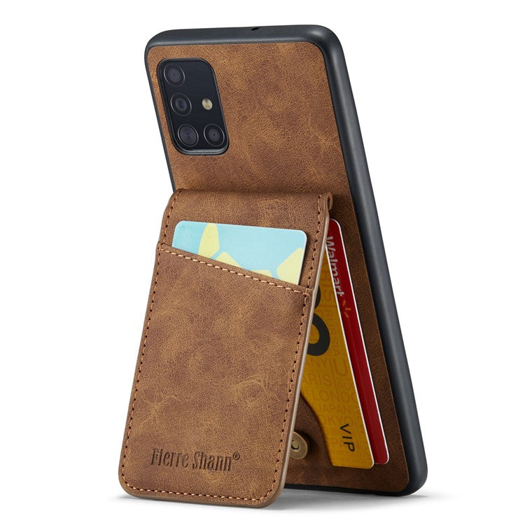 FIERRE SHANN For Samsung Galaxy A71 5G SM-A716 Kickstand Case PU Leather+TPU Phone Shell with Card Slots - Brown