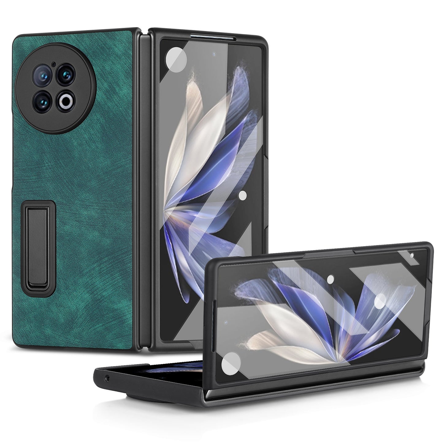 For vivo X Fold2 Retro Texture Phone Case PU Leather+PC Kickstand Cover with Tempered Glass Film - Green