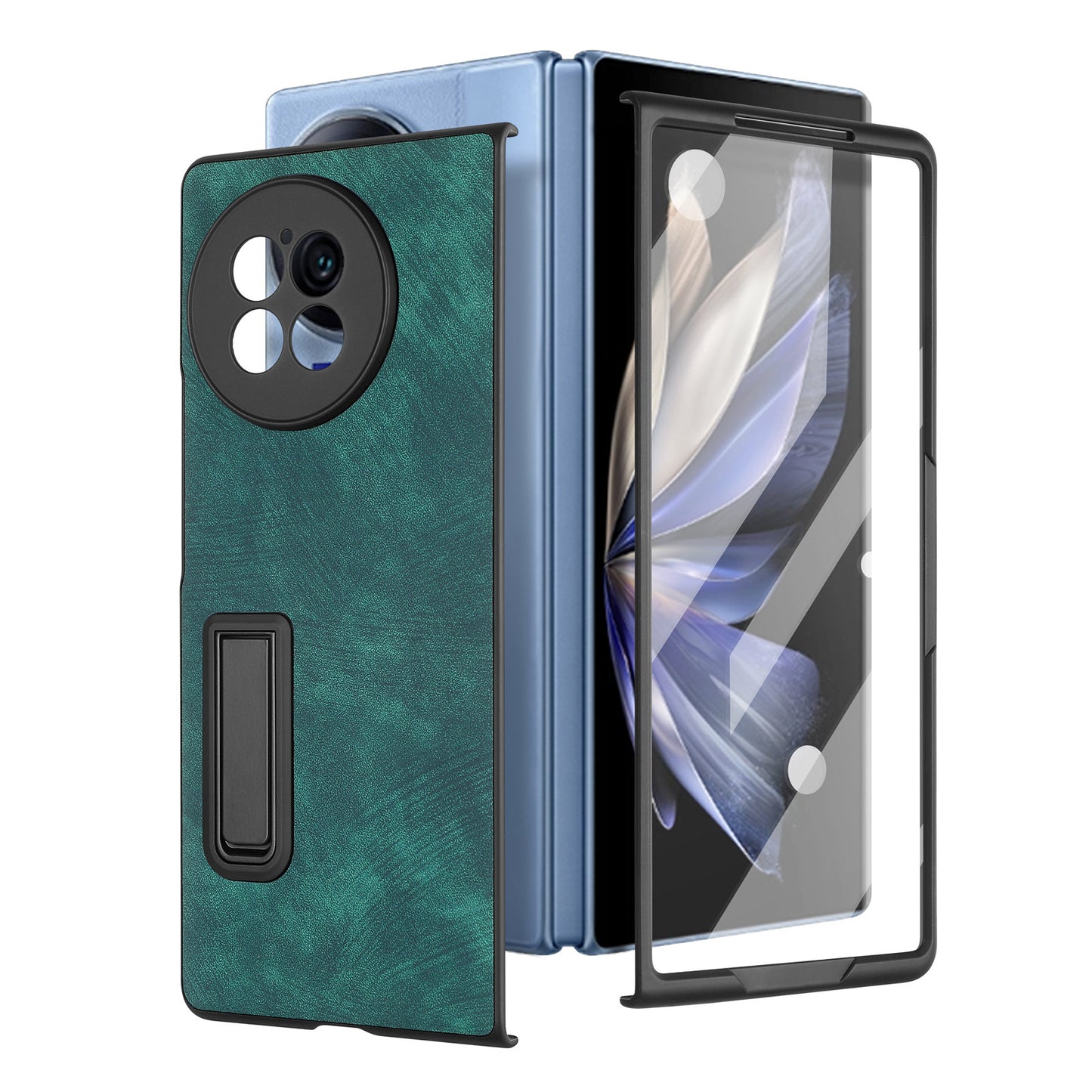 For vivo X Fold2 Retro Texture Phone Case PU Leather+PC Kickstand Cover with Tempered Glass Film - Green
