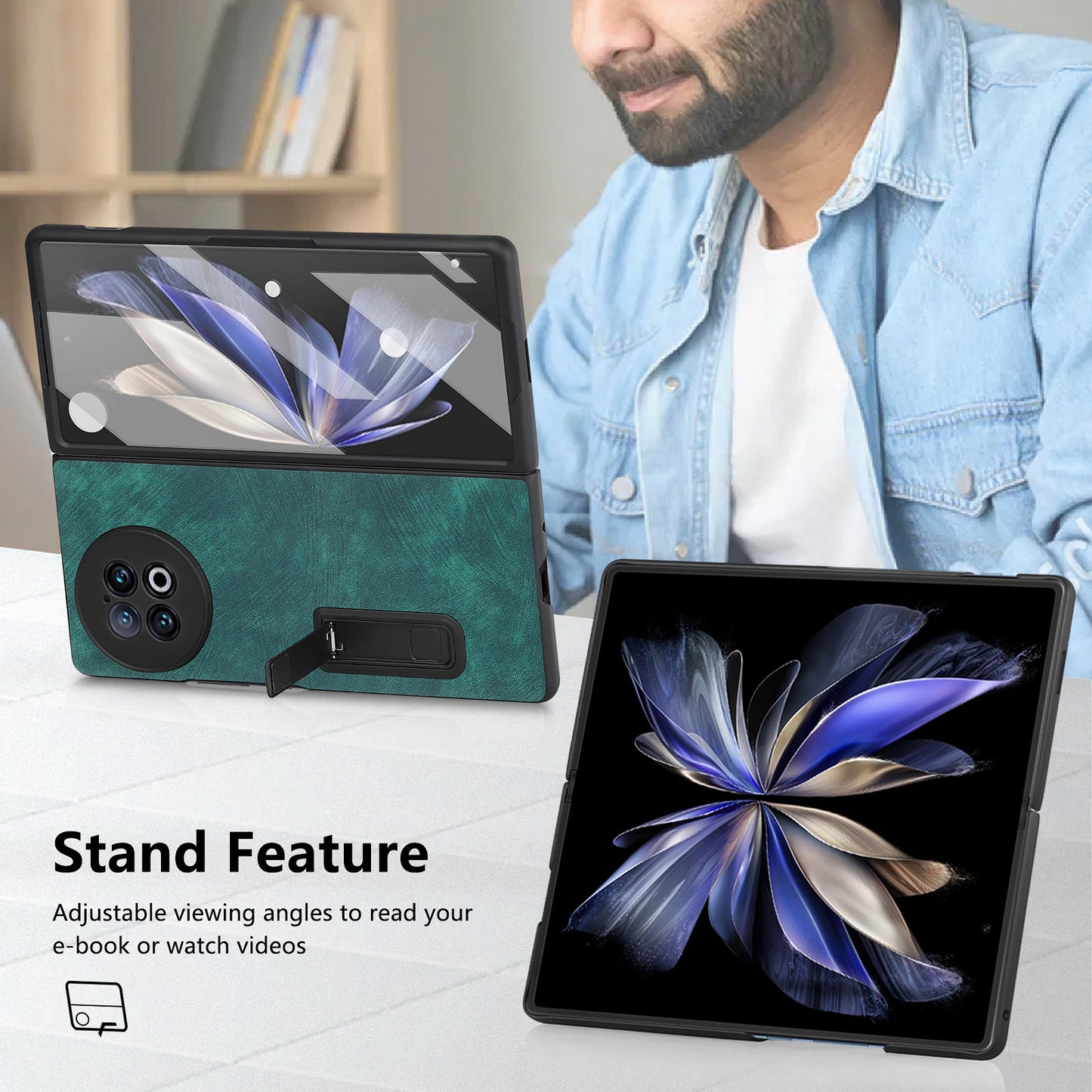 For vivo X Fold2 Retro Texture Phone Case PU Leather+PC Kickstand Cover with Tempered Glass Film - Green