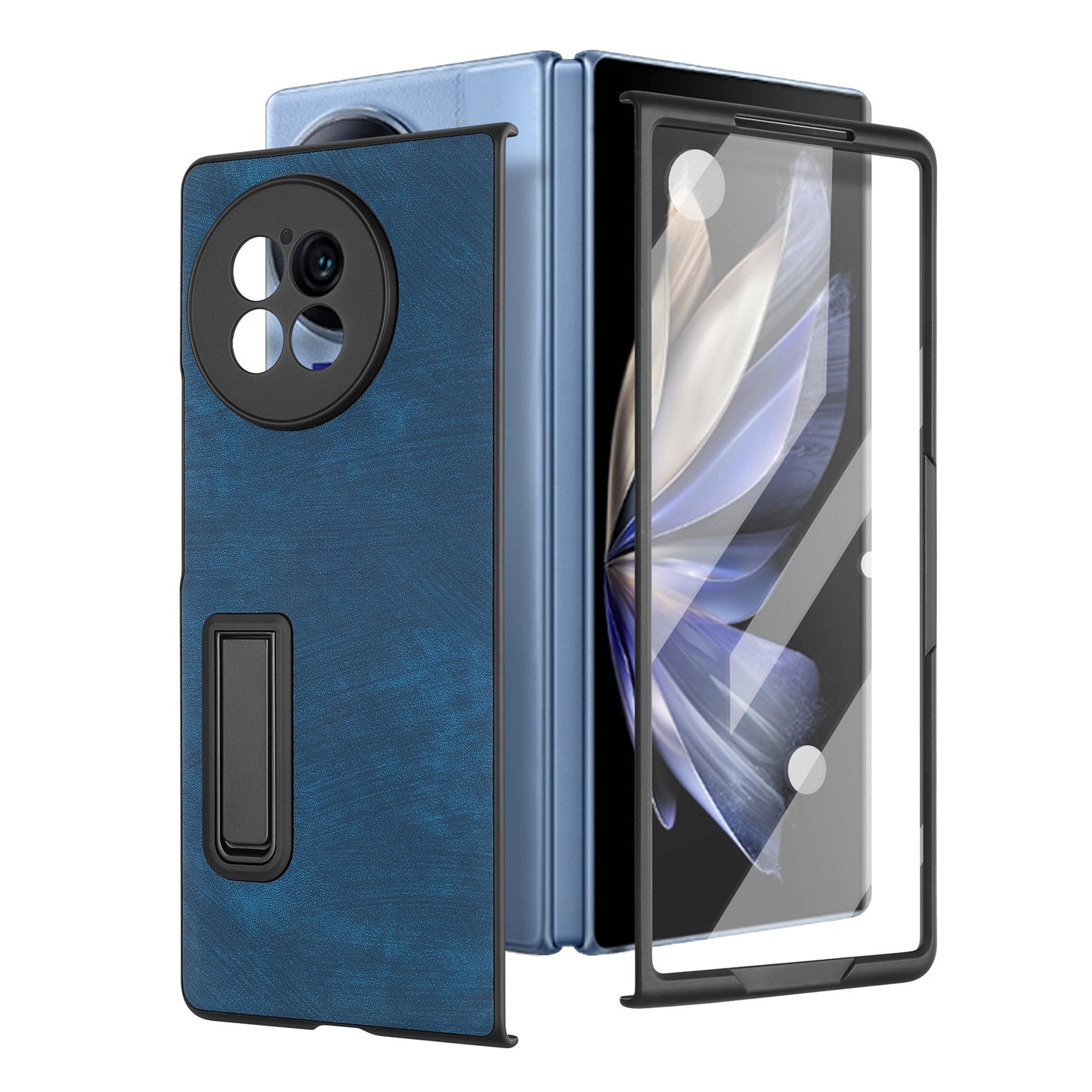 For vivo X Fold2 Retro Texture Phone Case PU Leather+PC Kickstand Cover with Tempered Glass Film - Blue