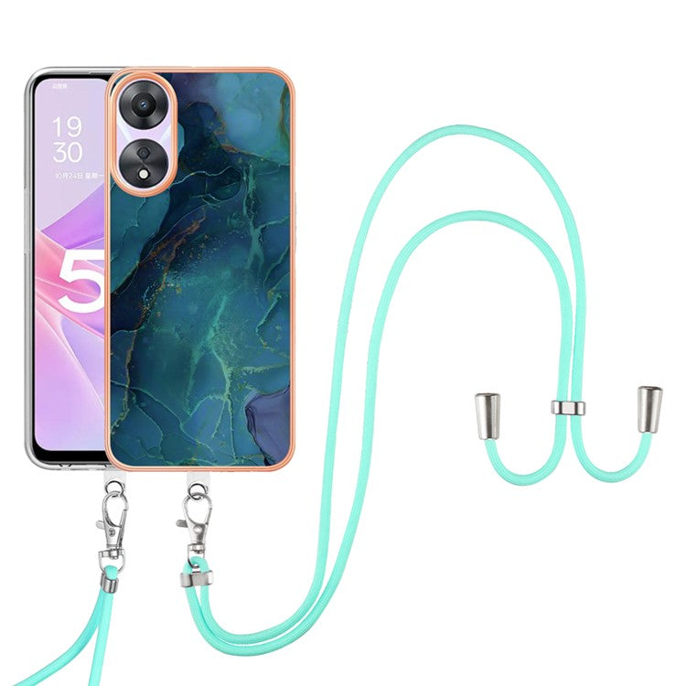 YB IMD Series-18 Style E for Oppo A78 5G / A58 5G Electroplating Phone Case 2.0mm TPU Marble Pattern Cover with Lanyard - Green