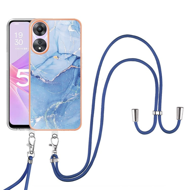 YB IMD Series-18 Style E for Oppo A78 5G / A58 5G Electroplating Phone Case 2.0mm TPU Marble Pattern Cover with Lanyard - Blue