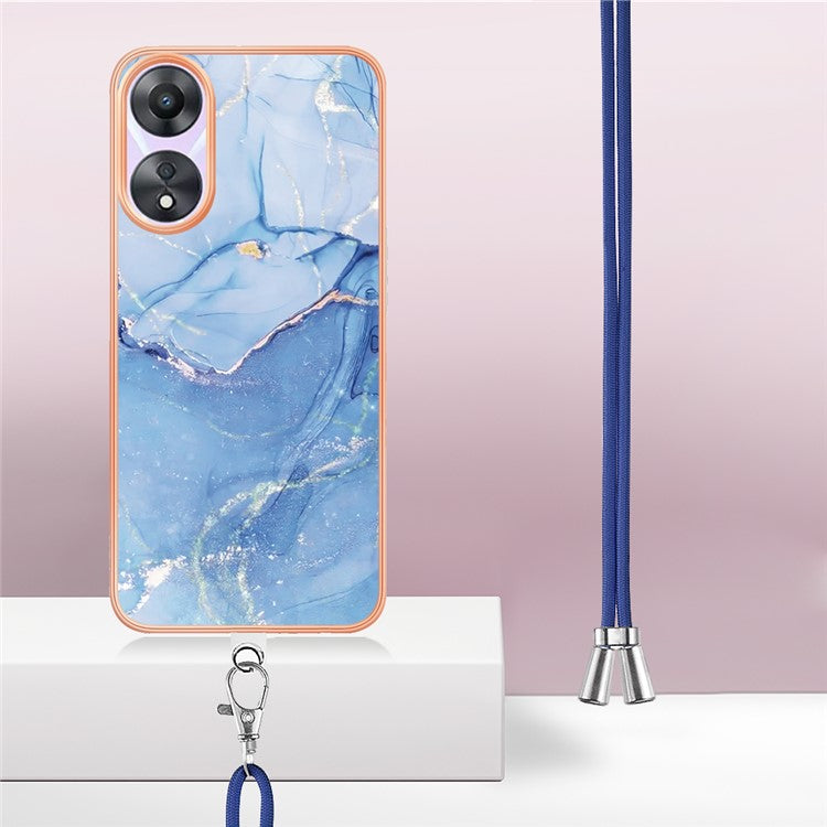 YB IMD Series-18 Style E for Oppo A78 5G / A58 5G Electroplating Phone Case 2.0mm TPU Marble Pattern Cover with Lanyard - Blue