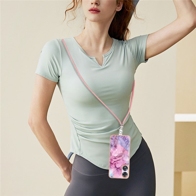 YB IMD Series-18 Style E for Oppo A78 5G / A58 5G Electroplating Phone Case 2.0mm TPU Marble Pattern Cover with Lanyard - Rose