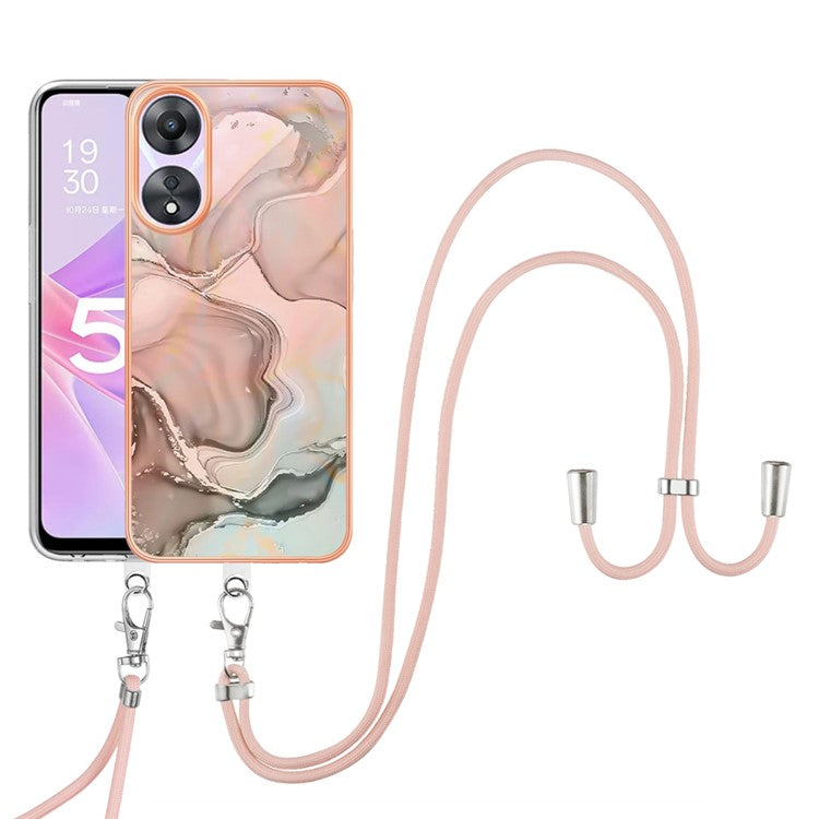 YB IMD Series-18 Style E for Oppo A78 5G / A58 5G Electroplating Phone Case 2.0mm TPU Marble Pattern Cover with Lanyard - Pink