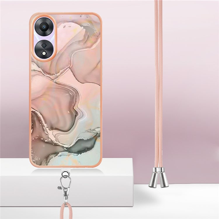 YB IMD Series-18 Style E for Oppo A78 5G / A58 5G Electroplating Phone Case 2.0mm TPU Marble Pattern Cover with Lanyard - Pink