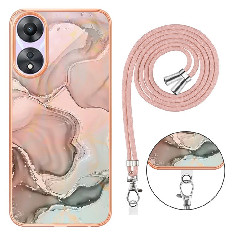 YB IMD Series-18 Style E for Oppo A78 5G / A58 5G Electroplating Phone Case 2.0mm TPU Marble Pattern Cover with Lanyard - Pink