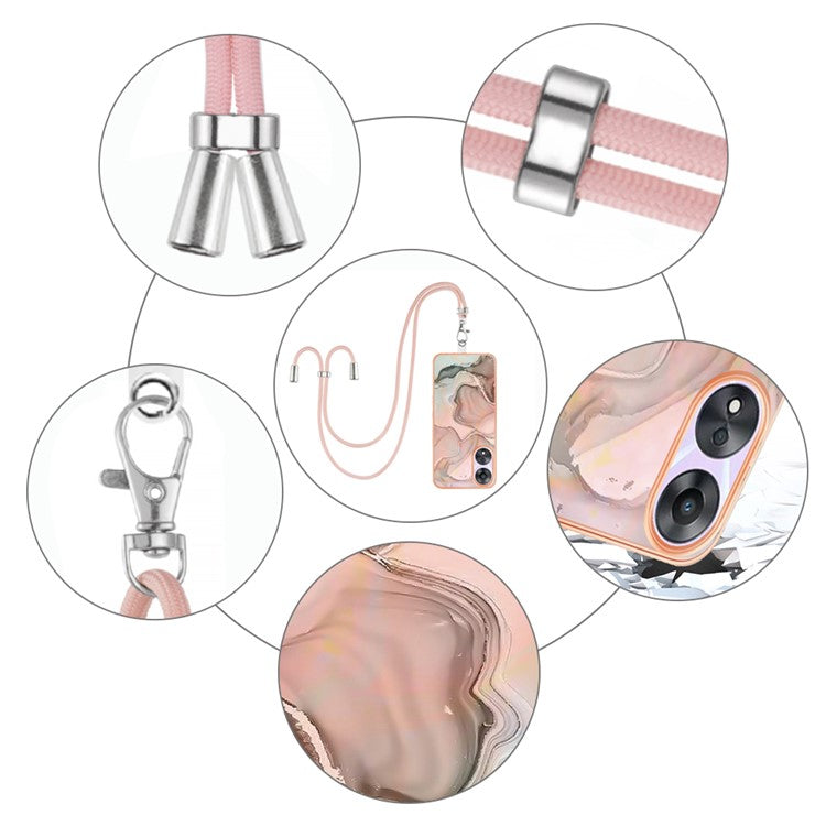 YB IMD Series-18 Style E for Oppo A78 5G / A58 5G Electroplating Phone Case 2.0mm TPU Marble Pattern Cover with Lanyard - Pink