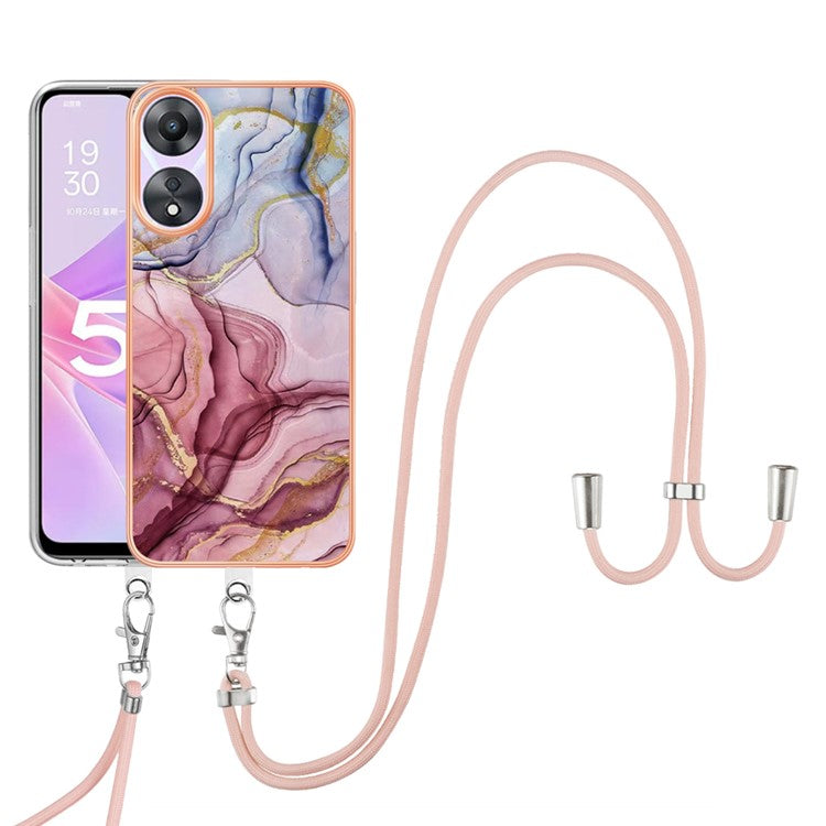 YB IMD Series-18 Style E for Oppo A78 5G / A58 5G Electroplating Phone Case 2.0mm TPU Marble Pattern Cover with Lanyard - Rose Gold
