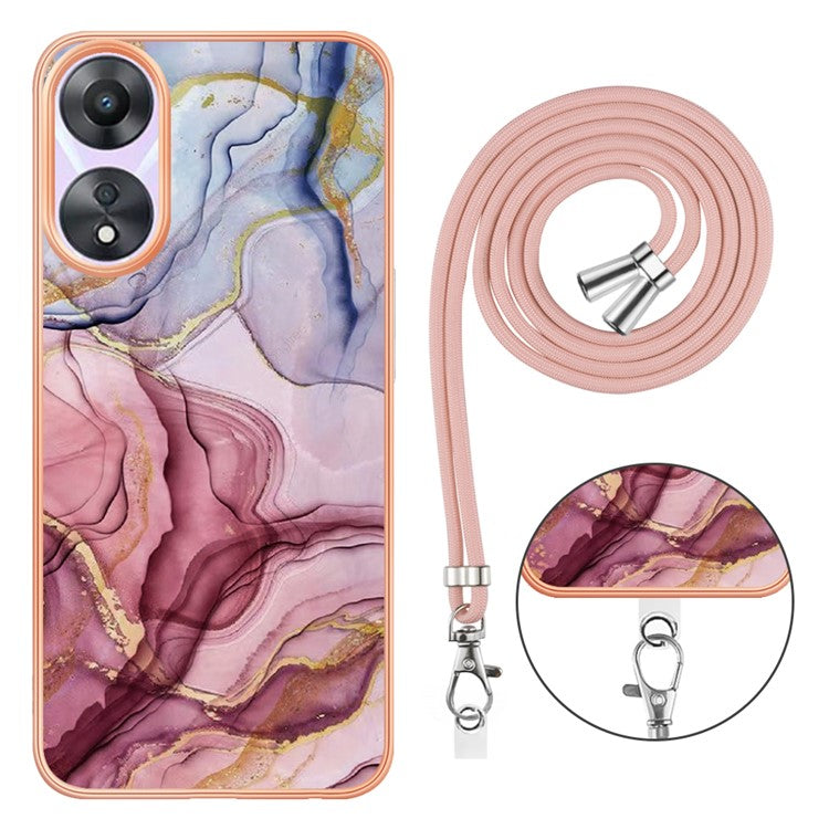 YB IMD Series-18 Style E for Oppo A78 5G / A58 5G Electroplating Phone Case 2.0mm TPU Marble Pattern Cover with Lanyard - Rose Gold