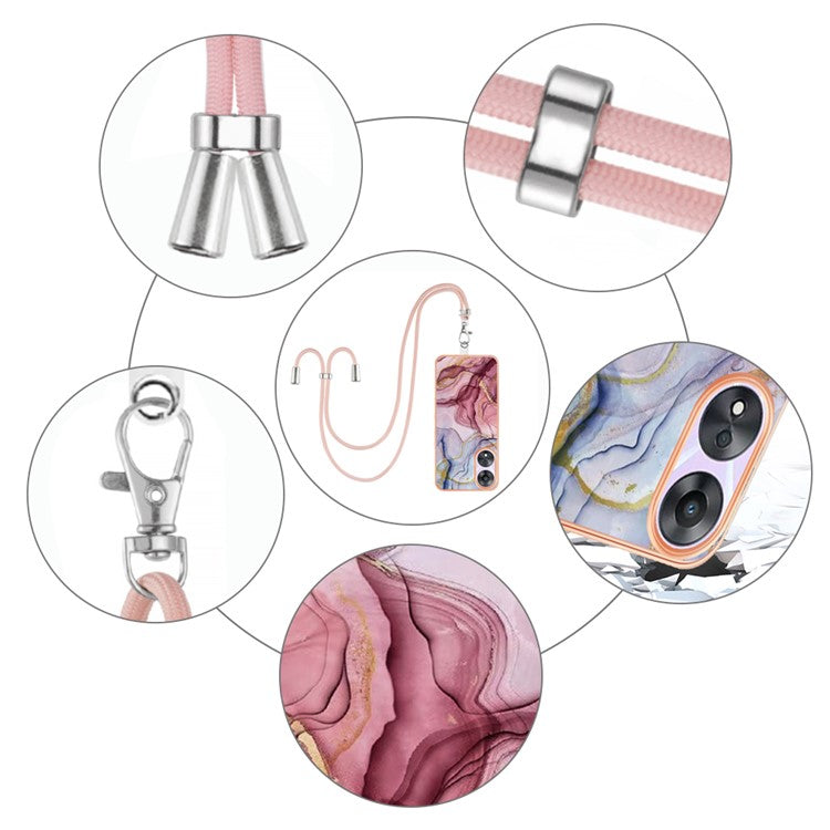 YB IMD Series-18 Style E for Oppo A78 5G / A58 5G Electroplating Phone Case 2.0mm TPU Marble Pattern Cover with Lanyard - Rose Gold