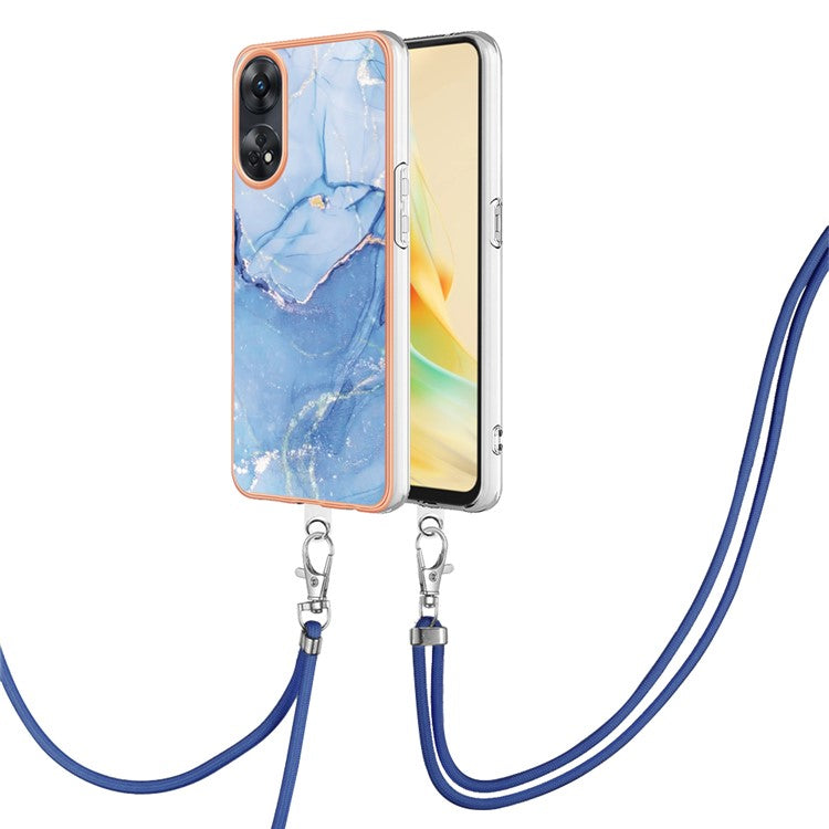 YB IMD Series-18 Style E for Oppo Reno8 T 4G Marble Pattern Design Phone Case Electroplating 2.0mm TPU IMD Phone Cover with Lanyard - Blue