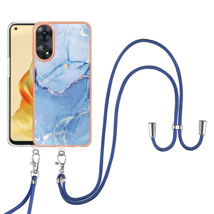 YB IMD Series-18 Style E for Oppo Reno8 T 4G Marble Pattern Design Phone Case Electroplating 2.0mm TPU IMD Phone Cover with Lanyard - Blue