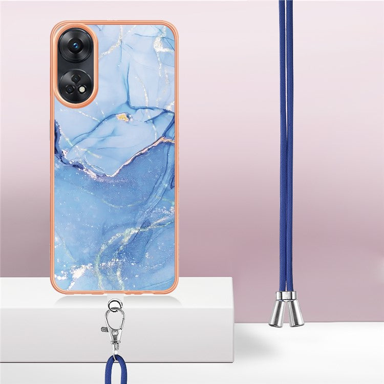 YB IMD Series-18 Style E for Oppo Reno8 T 4G Marble Pattern Design Phone Case Electroplating 2.0mm TPU IMD Phone Cover with Lanyard - Blue