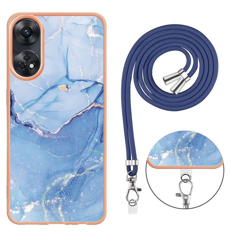 YB IMD Series-18 Style E for Oppo Reno8 T 4G Marble Pattern Design Phone Case Electroplating 2.0mm TPU IMD Phone Cover with Lanyard - Blue