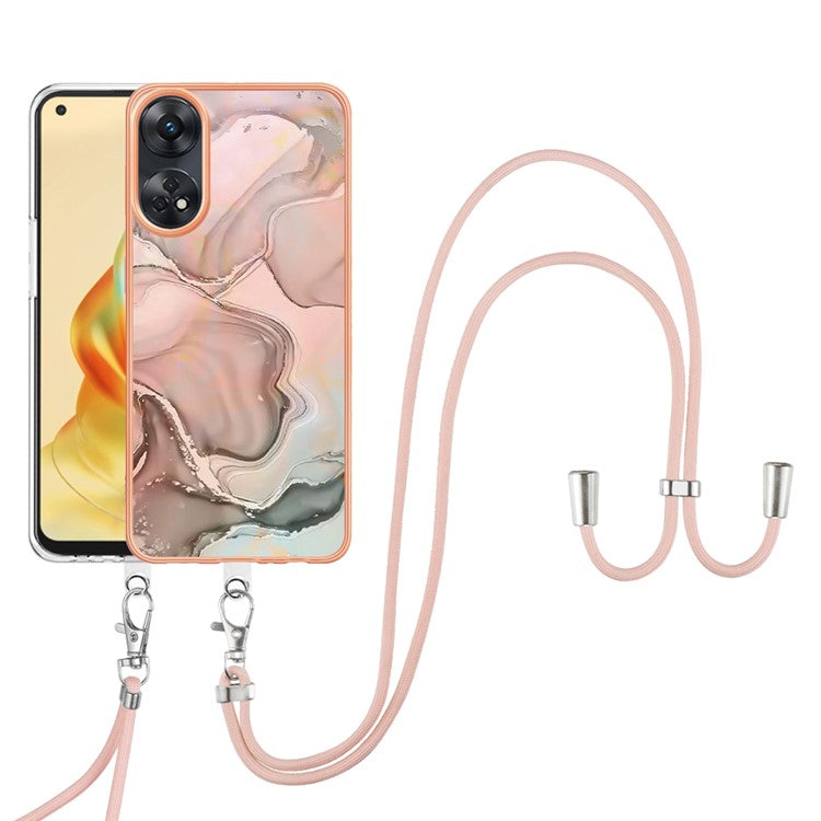 YB IMD Series-18 Style E for Oppo Reno8 T 4G Marble Pattern Design Phone Case Electroplating 2.0mm TPU IMD Phone Cover with Lanyard - Pink