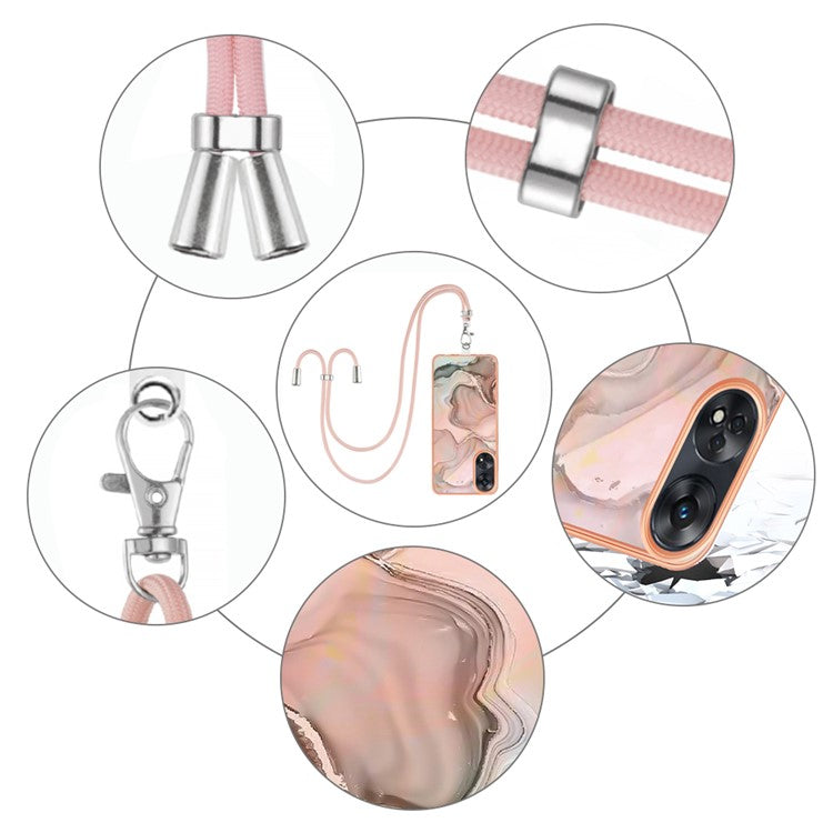 YB IMD Series-18 Style E for Oppo Reno8 T 4G Marble Pattern Design Phone Case Electroplating 2.0mm TPU IMD Phone Cover with Lanyard - Pink