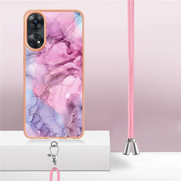 YB IMD Series-18 Style E for Oppo Reno8 T 4G Marble Pattern Design Phone Case Electroplating 2.0mm TPU IMD Phone Cover with Lanyard - Rose