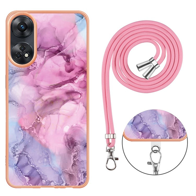 YB IMD Series-18 Style E for Oppo Reno8 T 4G Marble Pattern Design Phone Case Electroplating 2.0mm TPU IMD Phone Cover with Lanyard - Rose