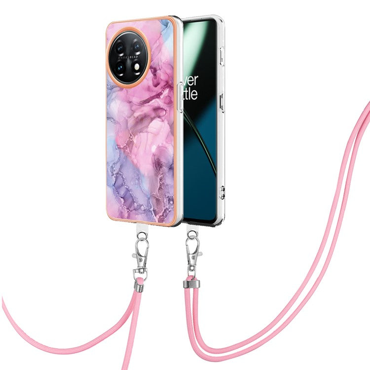 YB IMD Series-18 Style E for OnePlus 11 5G Flexible TPU Case Marble Pattern 2.0mm Electroplating Phone Cover with Lanyard - Rose