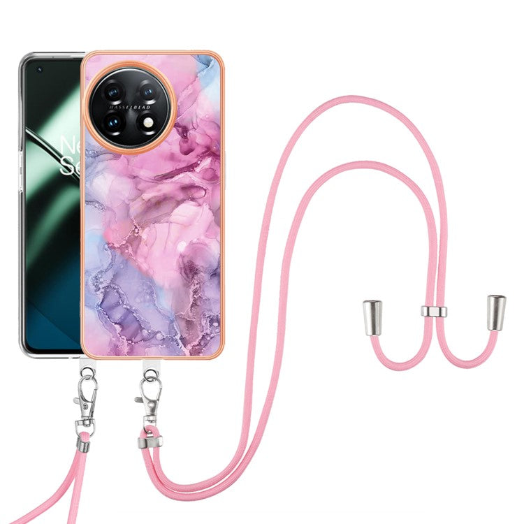 YB IMD Series-18 Style E for OnePlus 11 5G Flexible TPU Case Marble Pattern 2.0mm Electroplating Phone Cover with Lanyard - Rose