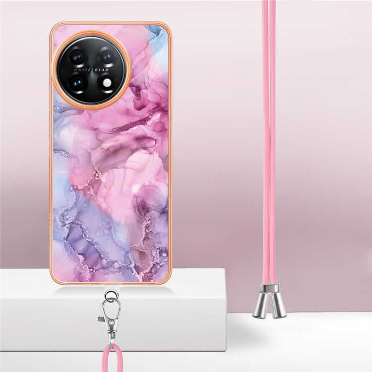 YB IMD Series-18 Style E for OnePlus 11 5G Flexible TPU Case Marble Pattern 2.0mm Electroplating Phone Cover with Lanyard - Rose