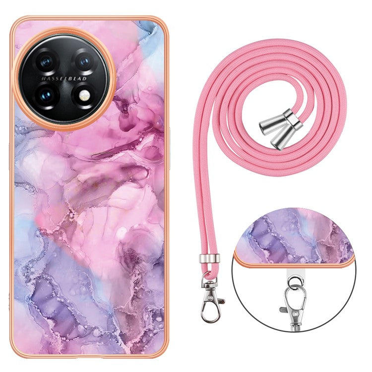 YB IMD Series-18 Style E for OnePlus 11 5G Flexible TPU Case Marble Pattern 2.0mm Electroplating Phone Cover with Lanyard - Rose