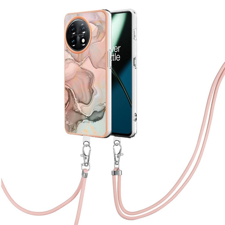 YB IMD Series-18 Style E for OnePlus 11 5G Flexible TPU Case Marble Pattern 2.0mm Electroplating Phone Cover with Lanyard - Pink