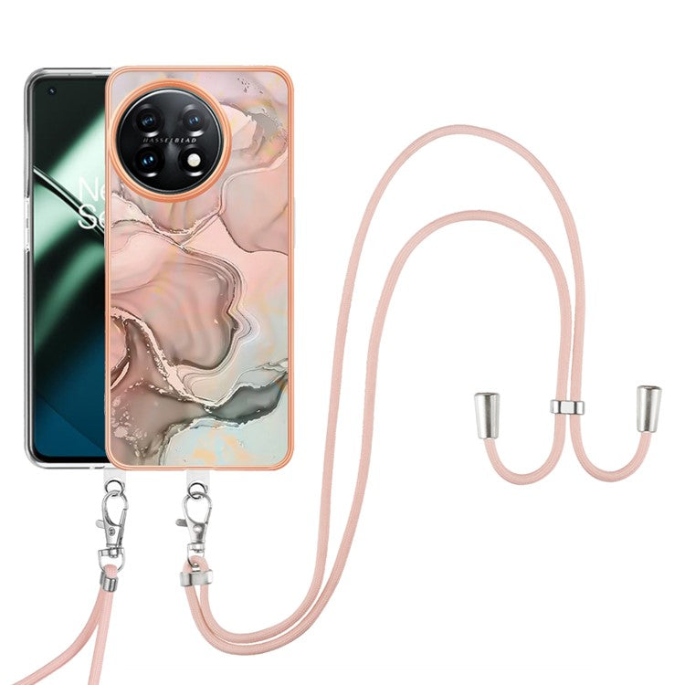 YB IMD Series-18 Style E for OnePlus 11 5G Flexible TPU Case Marble Pattern 2.0mm Electroplating Phone Cover with Lanyard - Pink