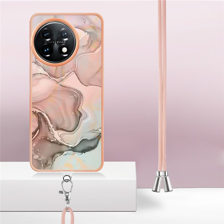 YB IMD Series-18 Style E for OnePlus 11 5G Flexible TPU Case Marble Pattern 2.0mm Electroplating Phone Cover with Lanyard - Pink