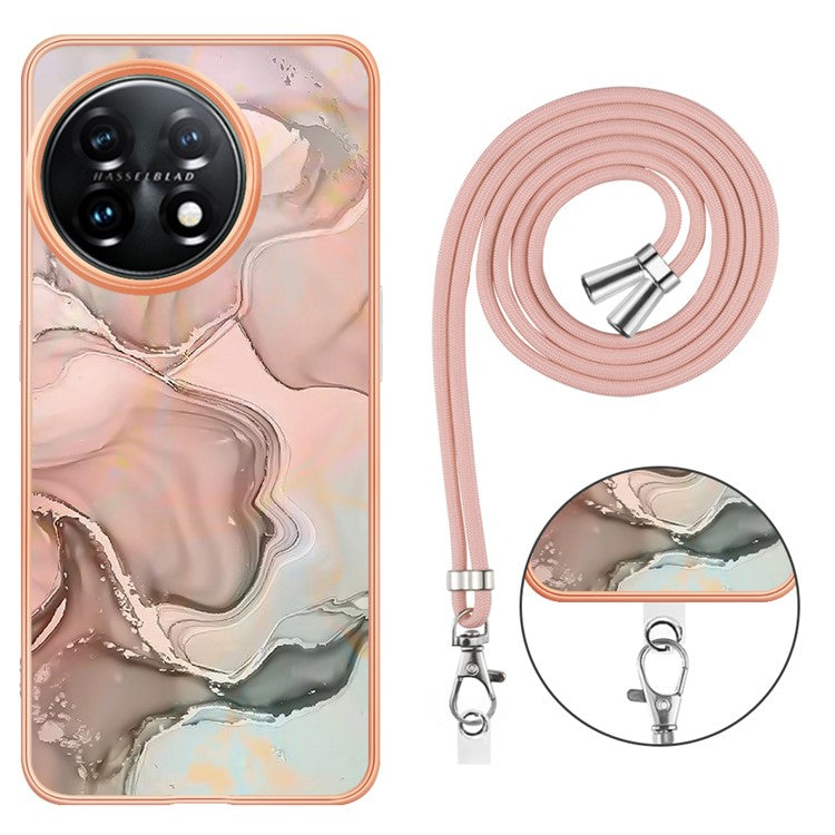 YB IMD Series-18 Style E for OnePlus 11 5G Flexible TPU Case Marble Pattern 2.0mm Electroplating Phone Cover with Lanyard - Pink