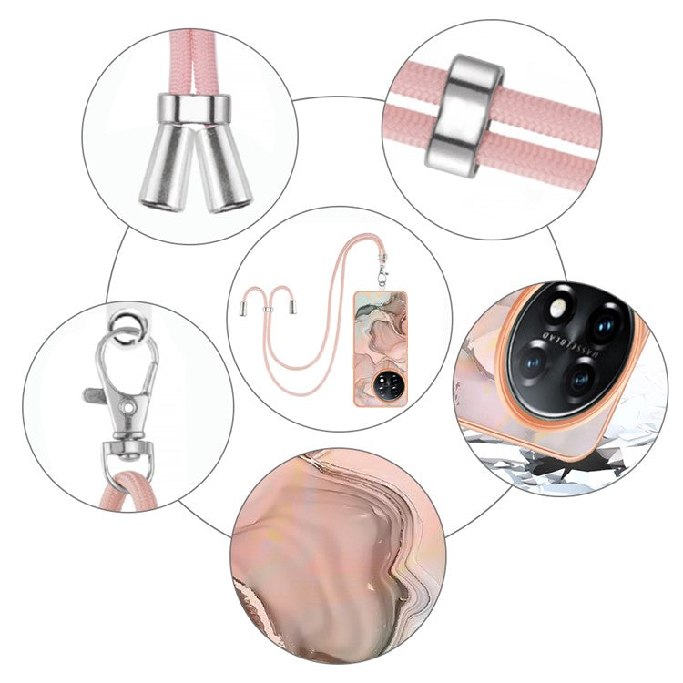 YB IMD Series-18 Style E for OnePlus 11 5G Flexible TPU Case Marble Pattern 2.0mm Electroplating Phone Cover with Lanyard - Pink